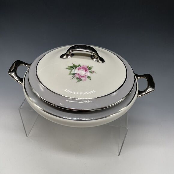 Royal Jackson Casserole Covered Dish Bowl‎ Vogue Ceramic Rose Silver - Picture 4 of 11